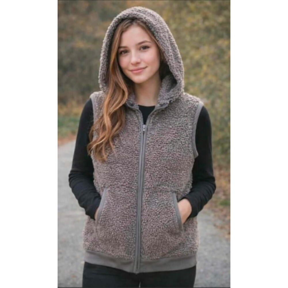 Mudd Girls Sherpa Vest Gray Full Zip Hooded Cozy Size 14 VGUC
